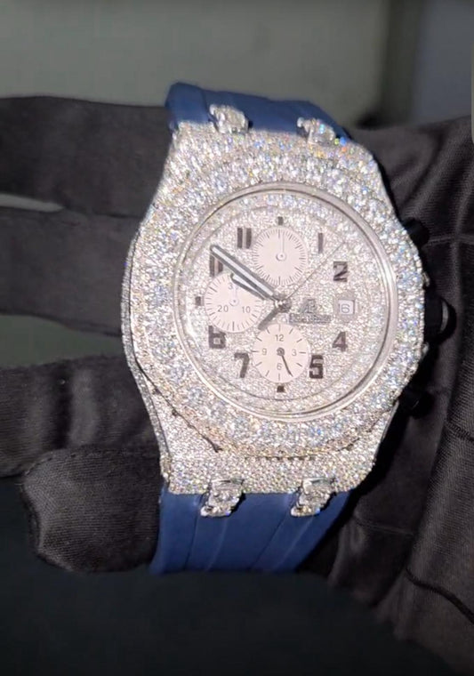 Customized Round Cut Moissanite Diamond Half Iced out Blue Leather Stainless Steel Watch
