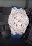 Customized Round Cut Moissanite Diamond Half Iced out Blue Leather Stainless Steel Watch