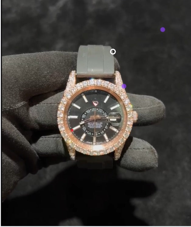 Iced Out Moissanite Rose Gold With Black Rubber Watch Black Dial