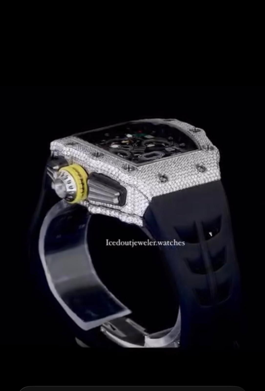 Personalized Iced Out Diamond Watch Luxury Skeleton Black Strap