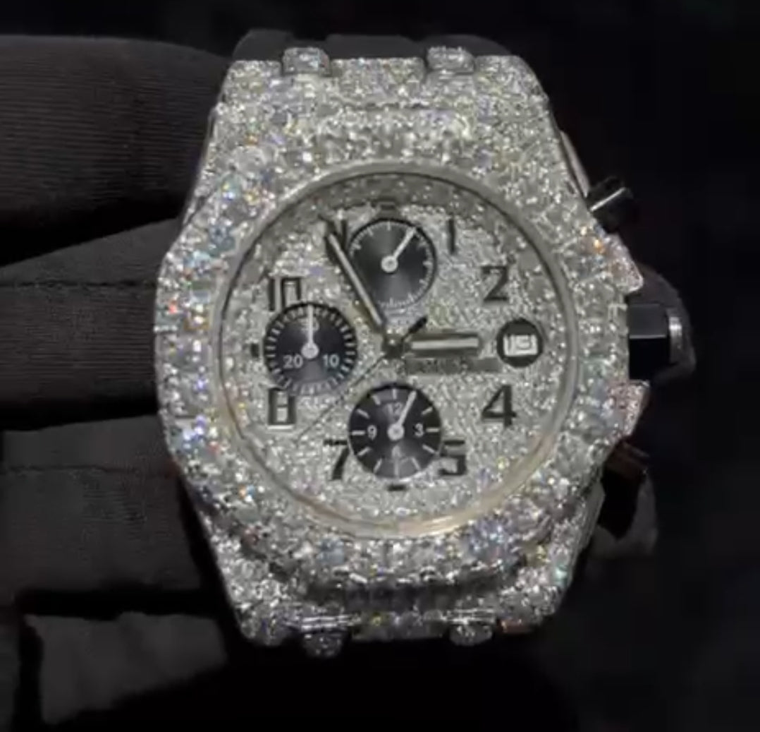 Customized Moissanite Diamond Half Iced out black rubber Belt Stainless Steel Watch japan movement