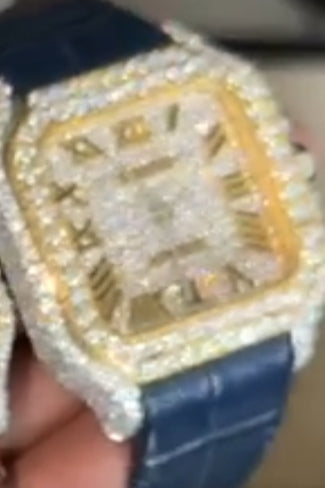 Customized Moissanite Diamond Half Iced out Blue Leather Stainless Steel Watch japan movement