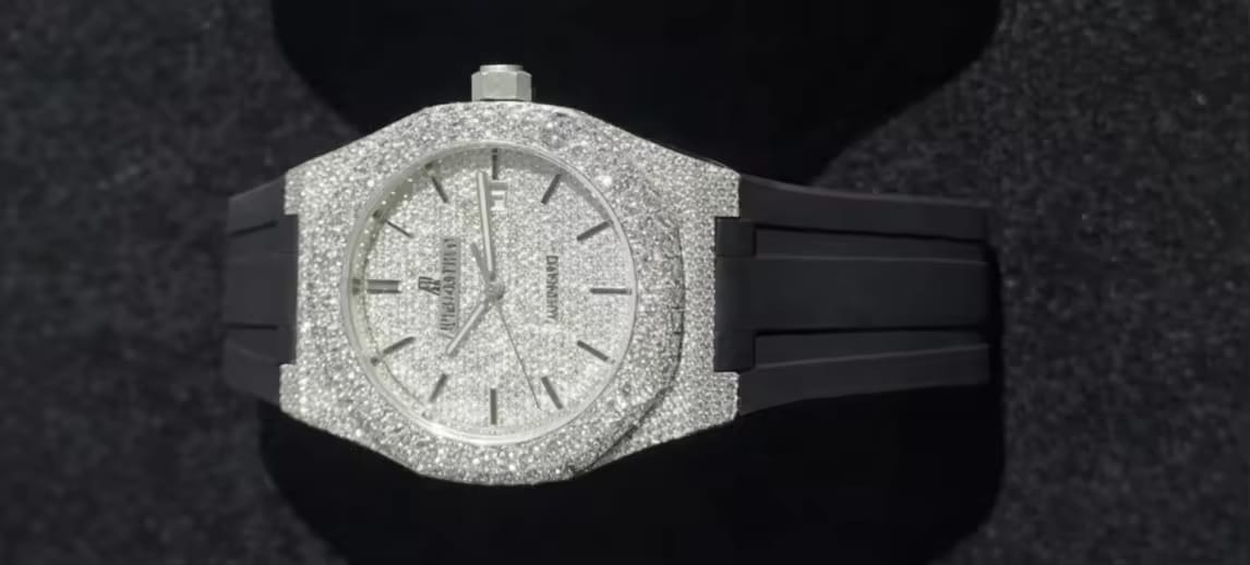 Customized Black Rubber belt Moissanite Diamond Stainless Steel Watch japan movement