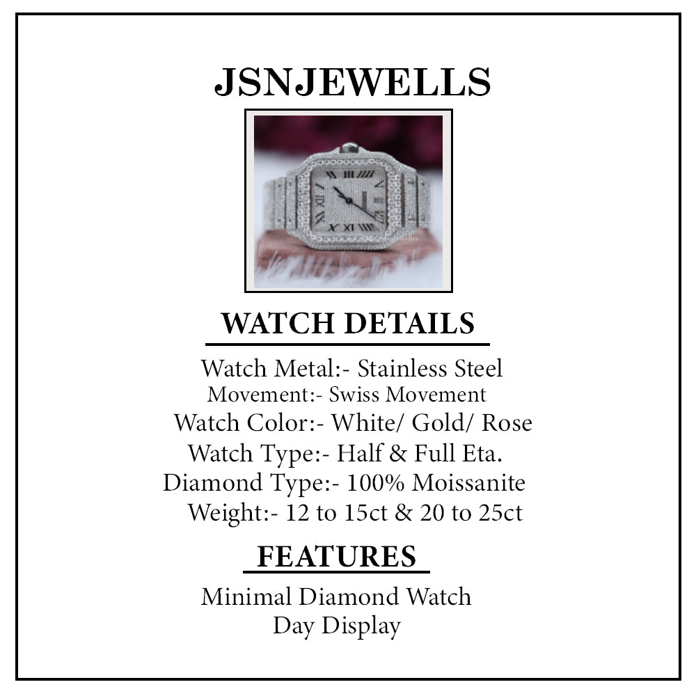 Moissanite Diamond Swiss Movement Date Watch Fully Iced out